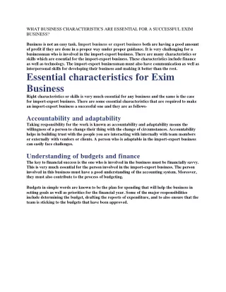 WHAT BUSINESS CHARACTERISTICS ARE ESSENTIAL FOR A SUCCESSFUL EXIM BUSINESS