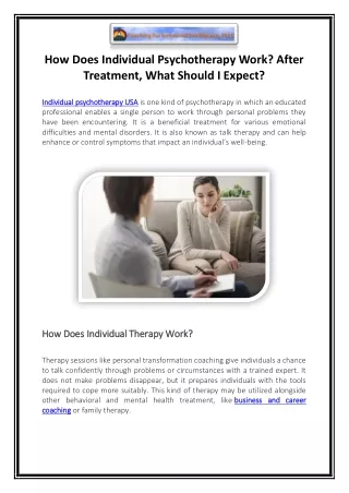 How Does Individual Psychotherapy Work After Treatment, What Should I Expect