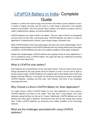 LiFePO4 Battery in India- Complete