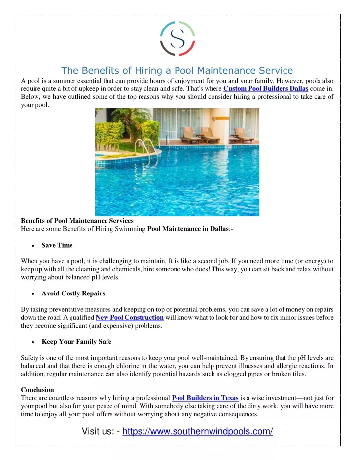 the benefits of hiring a pool maintenance service