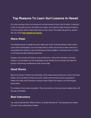 top reasons to learn surf lessons in hawaii