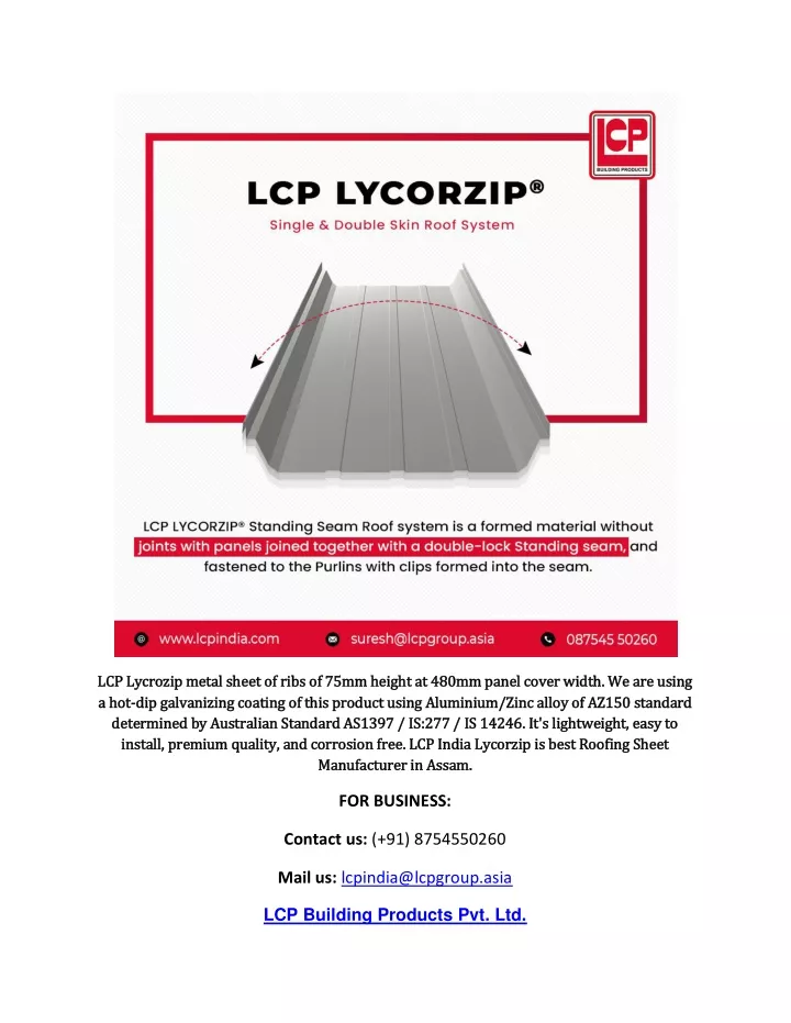 lcp lycrozip metal sheet of ribs of 75mm height