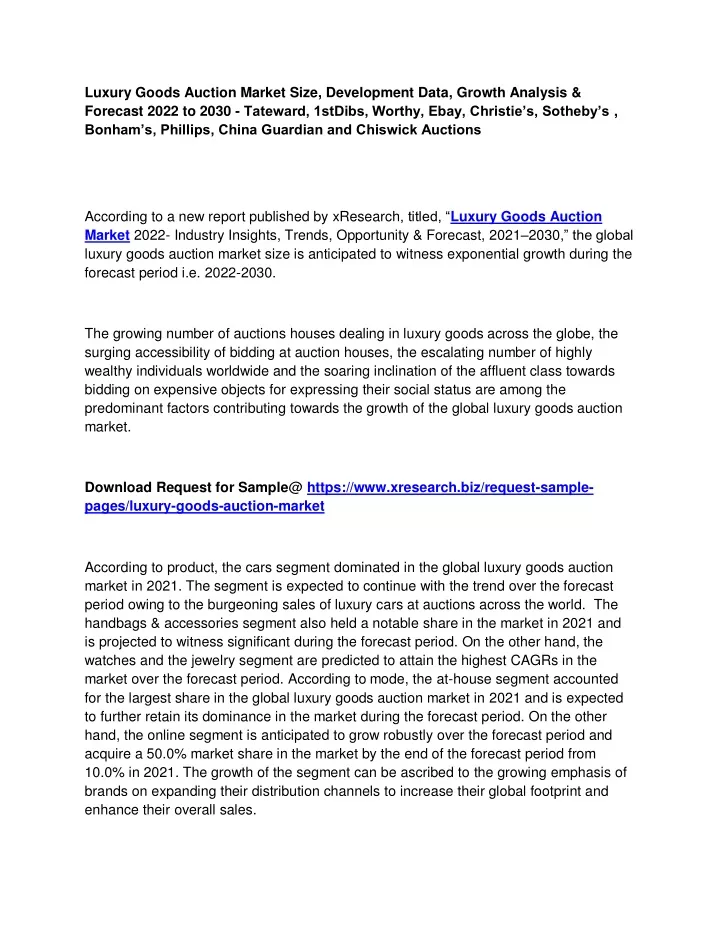 luxury goods auction market size development data