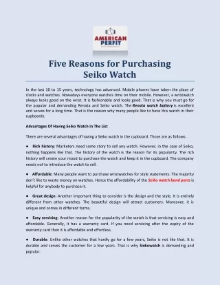 Five Reasons for Purchasing Seiko Watch