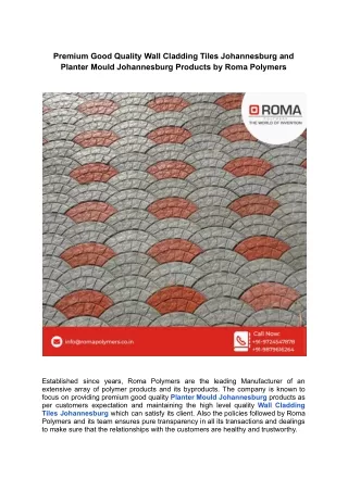 Premium Good Quality Wall Cladding Tiles Johannesburg and Planter Mould Johannesburg Products by Roma Polymers .docx