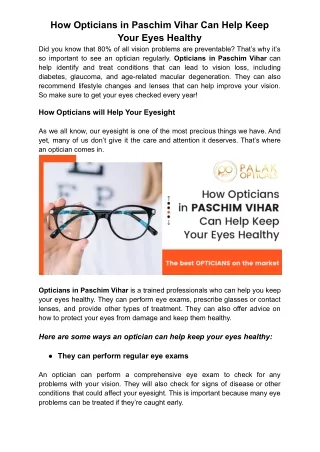 How Opticians in Paschim Vihar Can Help Keep Your Eyes Healthy