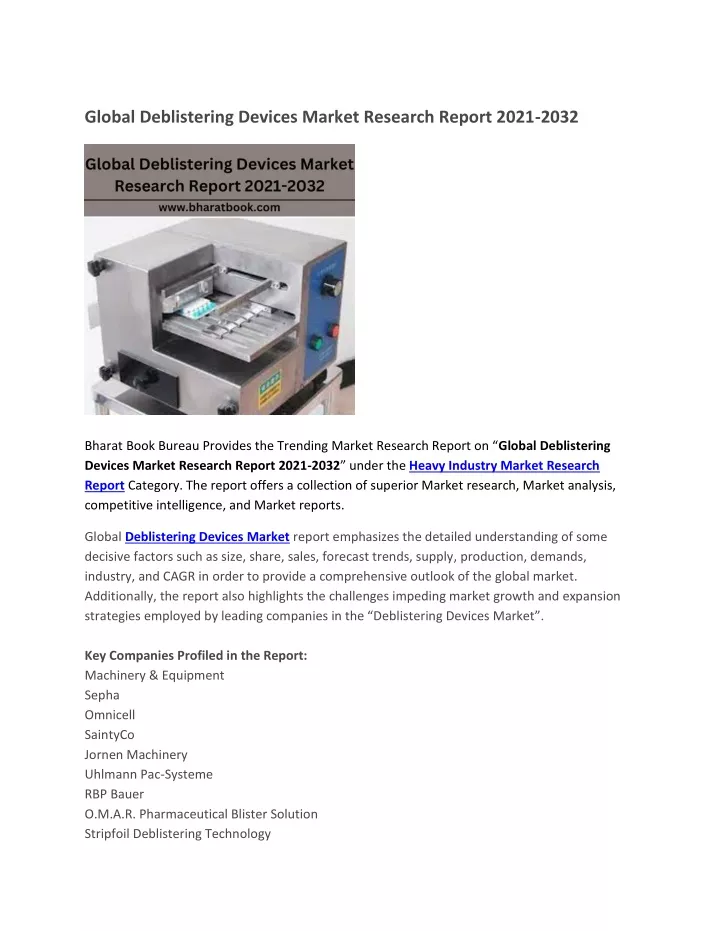 global deblistering devices market research