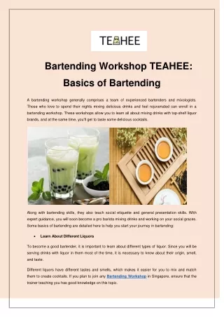 Bartending Workshop TEAHEE - Basics of Bartending