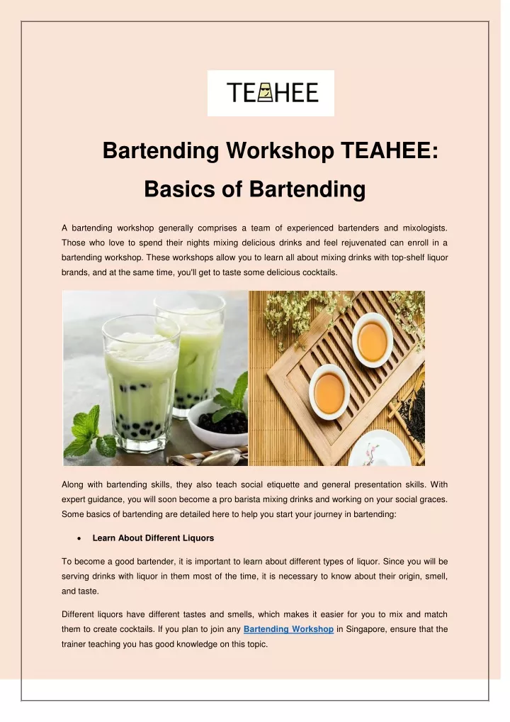 bartending workshop teahee
