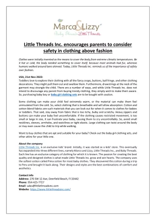Little Threads Inc. encourages parents to consider safety in clothing above fashion