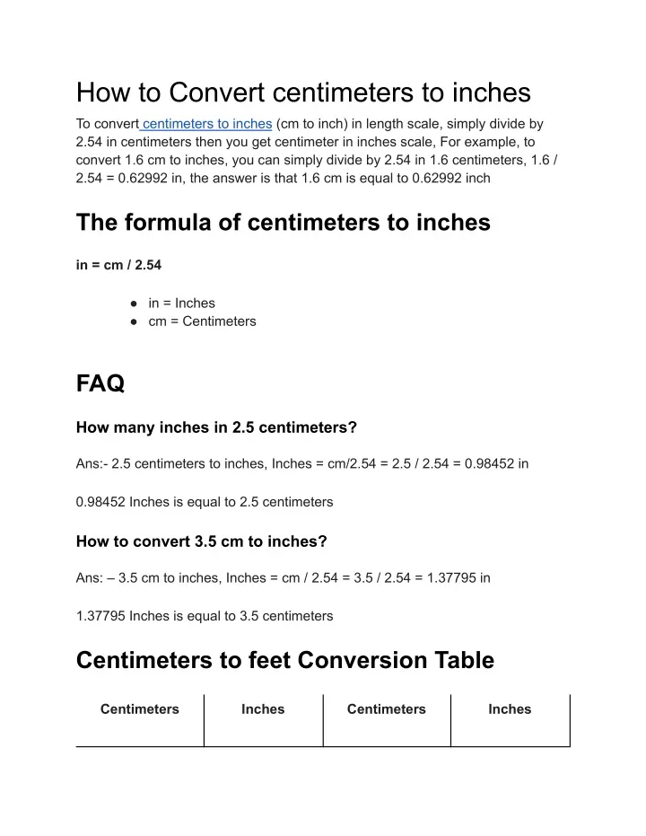 how to convert centimeters to inches