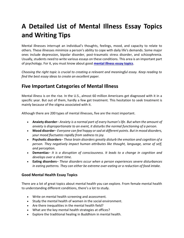 a detailed list of mental illness essay topics