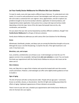 Let Your Family Doctor Melbourne For Effective Skin Care Solutions