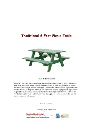 Traditional 6 Foot Picnic Table - woodworking projects ideas