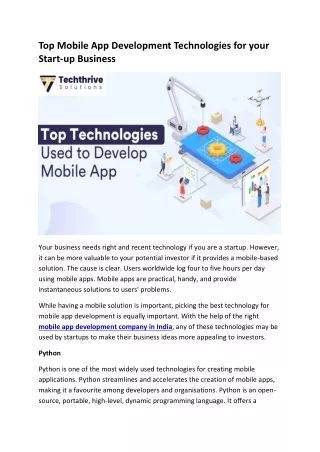 Top Mobile App Development Technologies for your Startup Business
