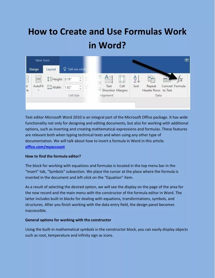 how to create and use formulas work in word