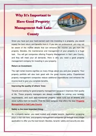 Why It’s Important to Have Good Property Management Salt Lake County