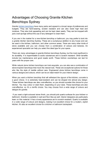 Advantages of Choosing Granite Kitchen Benchtops Sydney