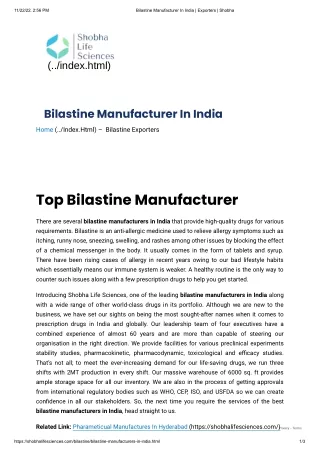Bilastine Manufacturer In India _ Exporters _ Shobha