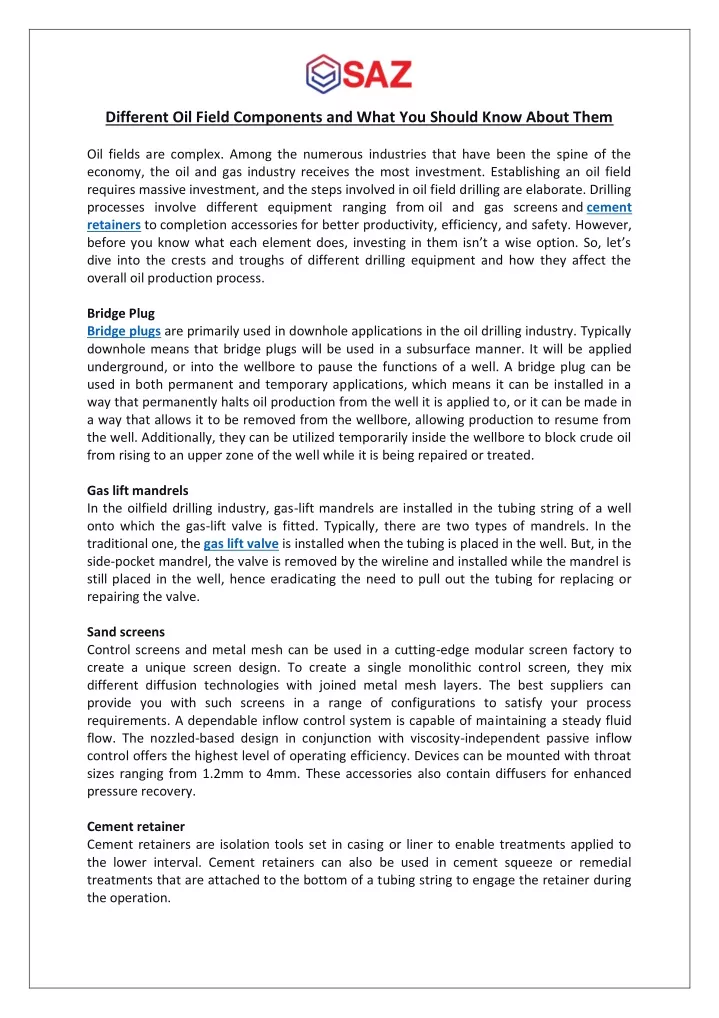 different oil field components and what