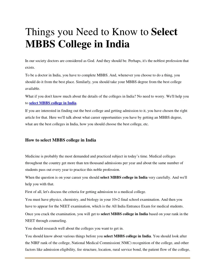 things you need to know to select mbbs college
