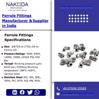 Ferrule Fittings | Instrumentation Valves | Manifold Valves - Nakoda Metal Indus