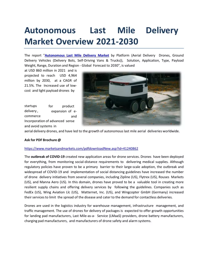 a u t o n o m o u s l a s t m i l e d e l i v e r y market overview 2021 2030