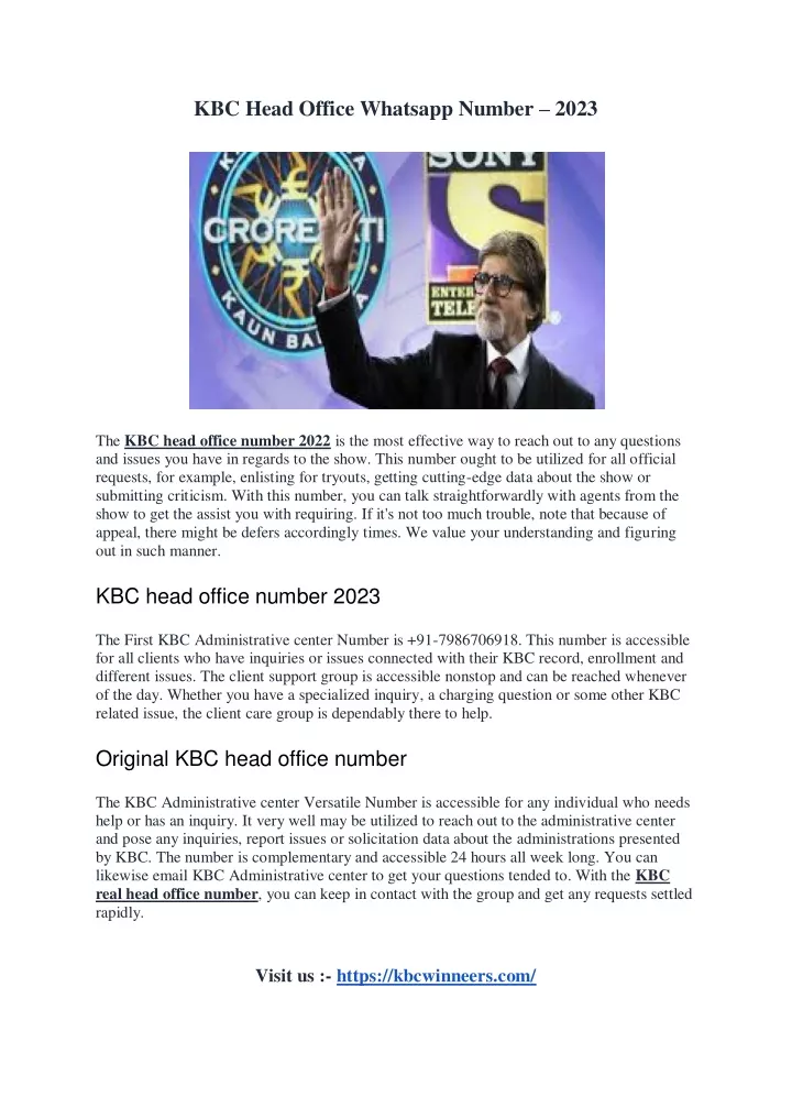 kbc head office whatsapp number 2023