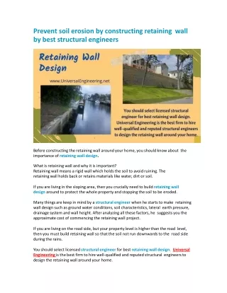 Prevent soil erosion by constructing retaining wall by best structural engineers