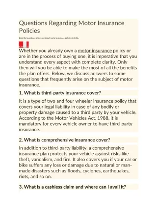 Important Questions Regarding Motor Insurance Policies