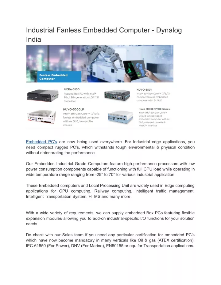 industrial fanless embedded computer dynalog india