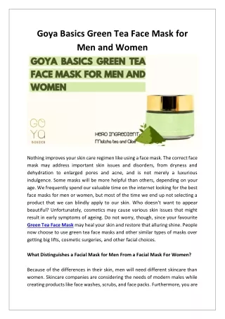 Goya Basics Green Tea Face Mask for Men and Women