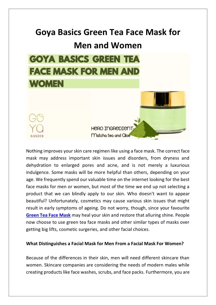 goya basics green tea face mask for men and women