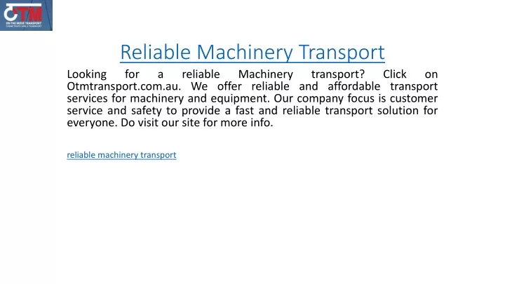 reliable machinery transport