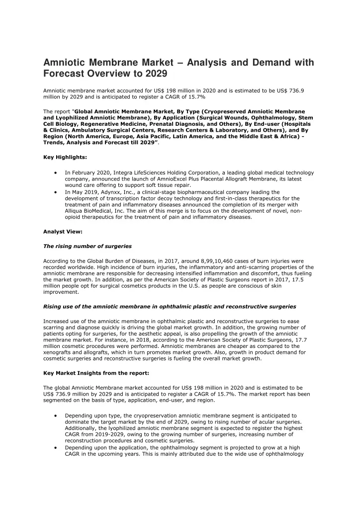 amniotic membrane market analysis and demand with