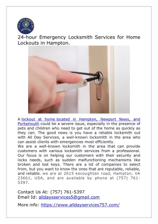24-hour Emergency Locksmith Services for Home Lockouts in Hampton
