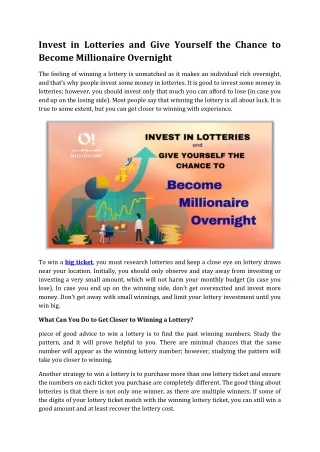 Invest in Lotteries and Give Yourself the Chance to Become Millionaire Overnight