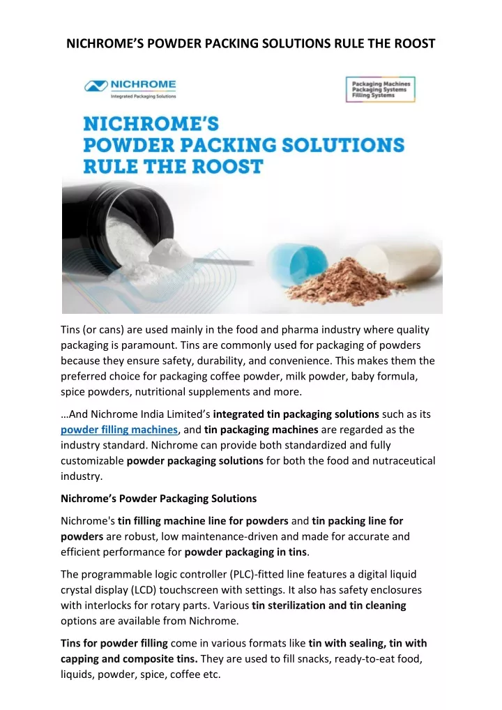 nichrome s powder packing solutions rule the roost