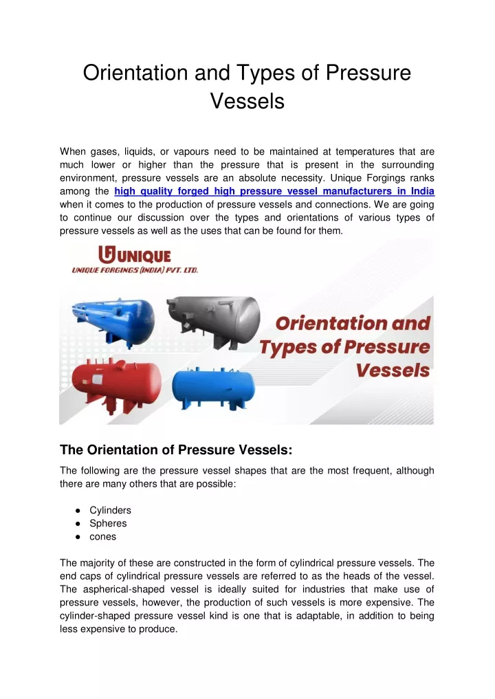 orientation and types of pressure vessels