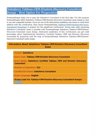 Salesforce Tableau-CRM-Einstein-Discovery-Consultant Dumps [2022] - Get 100% Updated Tableau-CRM-Einstein-Discovery-Cons