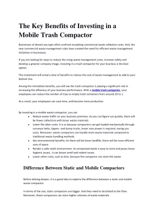 The Key Benefits of Investing in a Mobile Trash Compactor