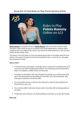 know the 13 card rules to play points rummy online
