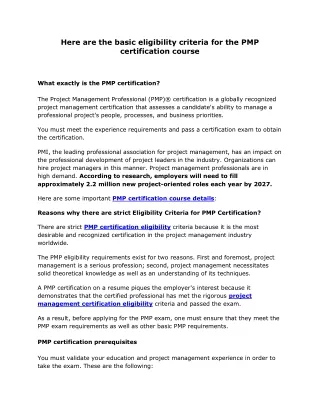 Here are the basic eligibility criteria for the PMP certification course