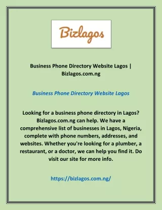 Business Phone Directory Website Lagos | Bizlagos.com.ng