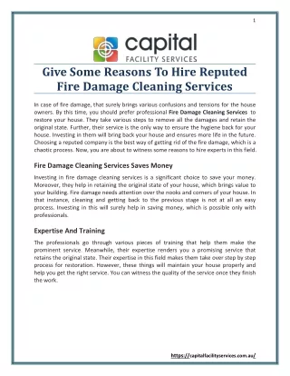 Give Some Reasons To Hire Reputed Fire Damage Cleaning Services
