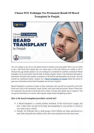 Choose FUE technique for permanent result  of Beard transplant in Punjab