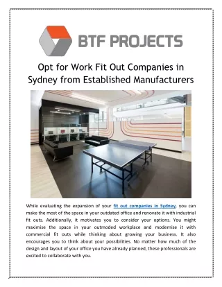 Opt for Work Fit Out Companies in Sydney from Established Manufacturers