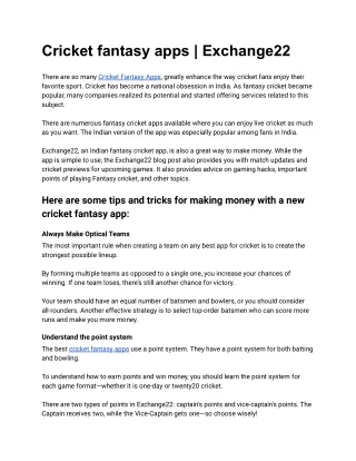 Cricket fantasy apps - Exchange22