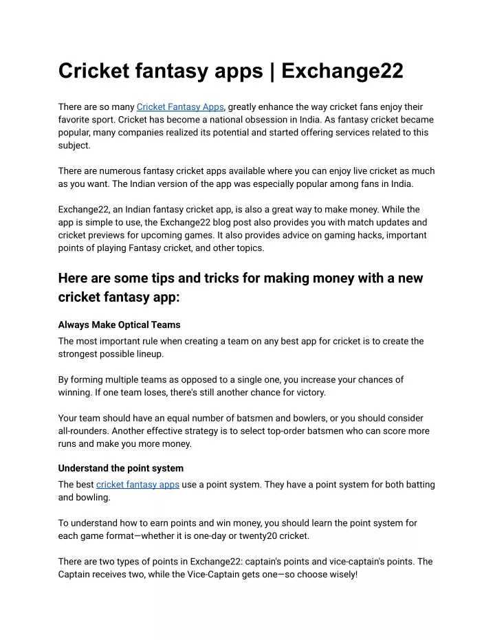 cricket fantasy apps exchange22