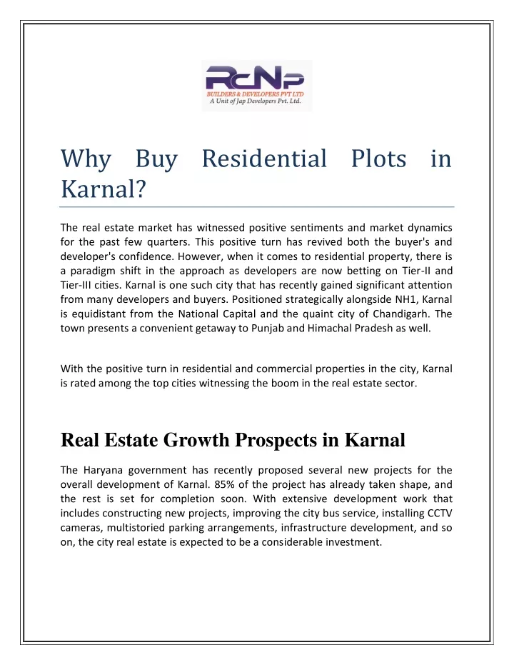 why buy residential plots in karnal